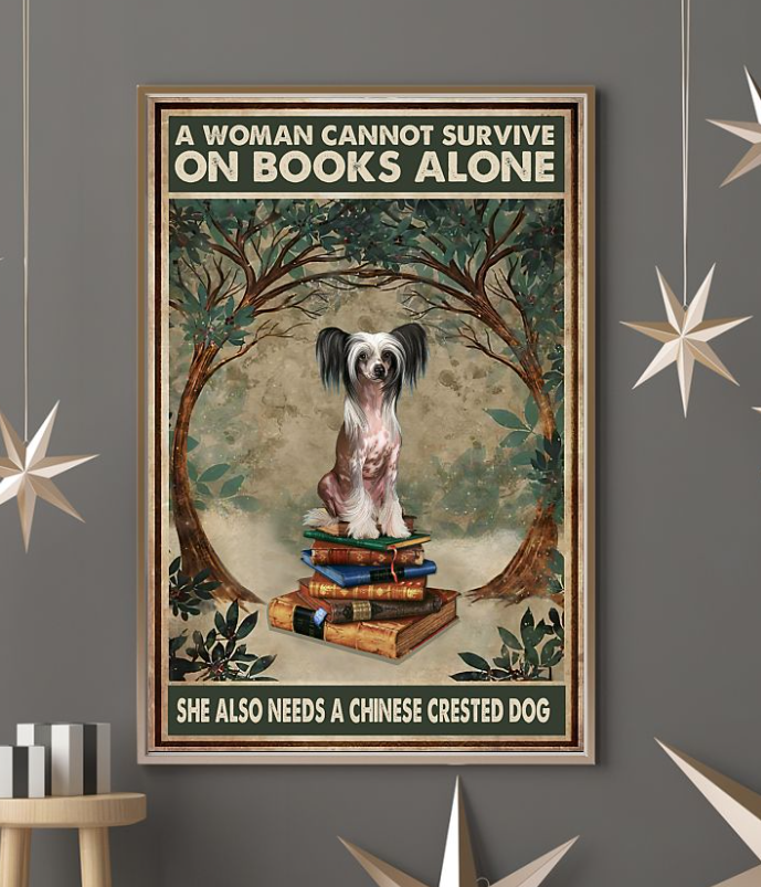 Woman Love Chinese Crested Dog And Book Poster Art Print Decor Home