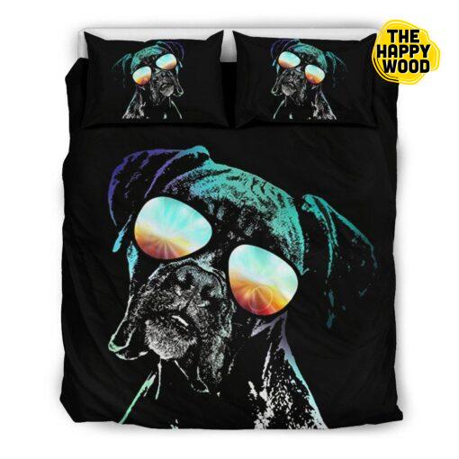 Boxer Dog Neon Glasses Background Black, Boxer Dog Duvet Set
